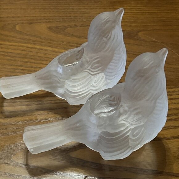 Pair Of Vtg Frosted Glass Bird Candlestick Holders Made By Crystal Clear Glass - Picture 5 of 8